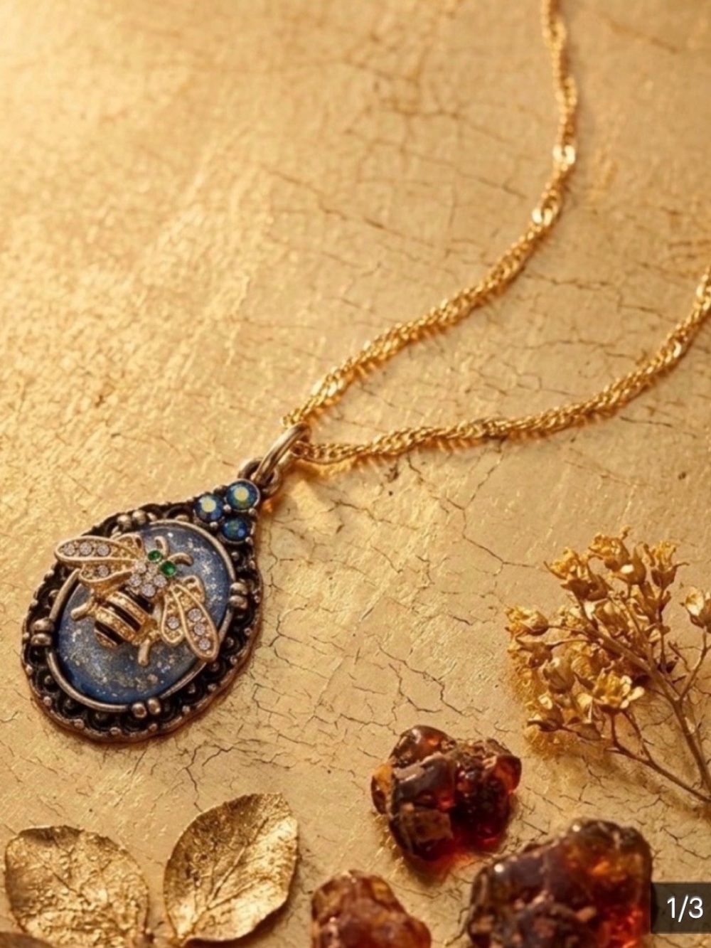 Gold Bee Pendant Necklace with Blue Lapis Accent